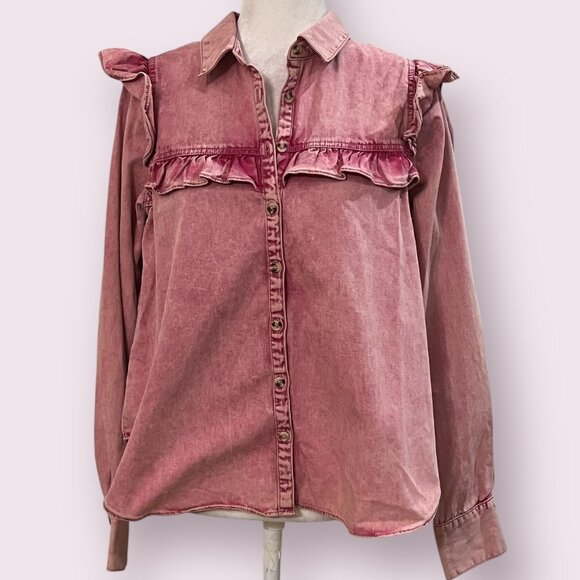 Free People Women's Top Button Front Pink Denim Ruffle Long Sleeve Size Small - Picture 2 of 10
